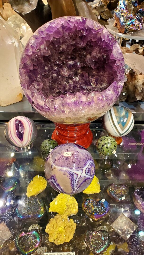 A purple bowl of food on top of some rocks